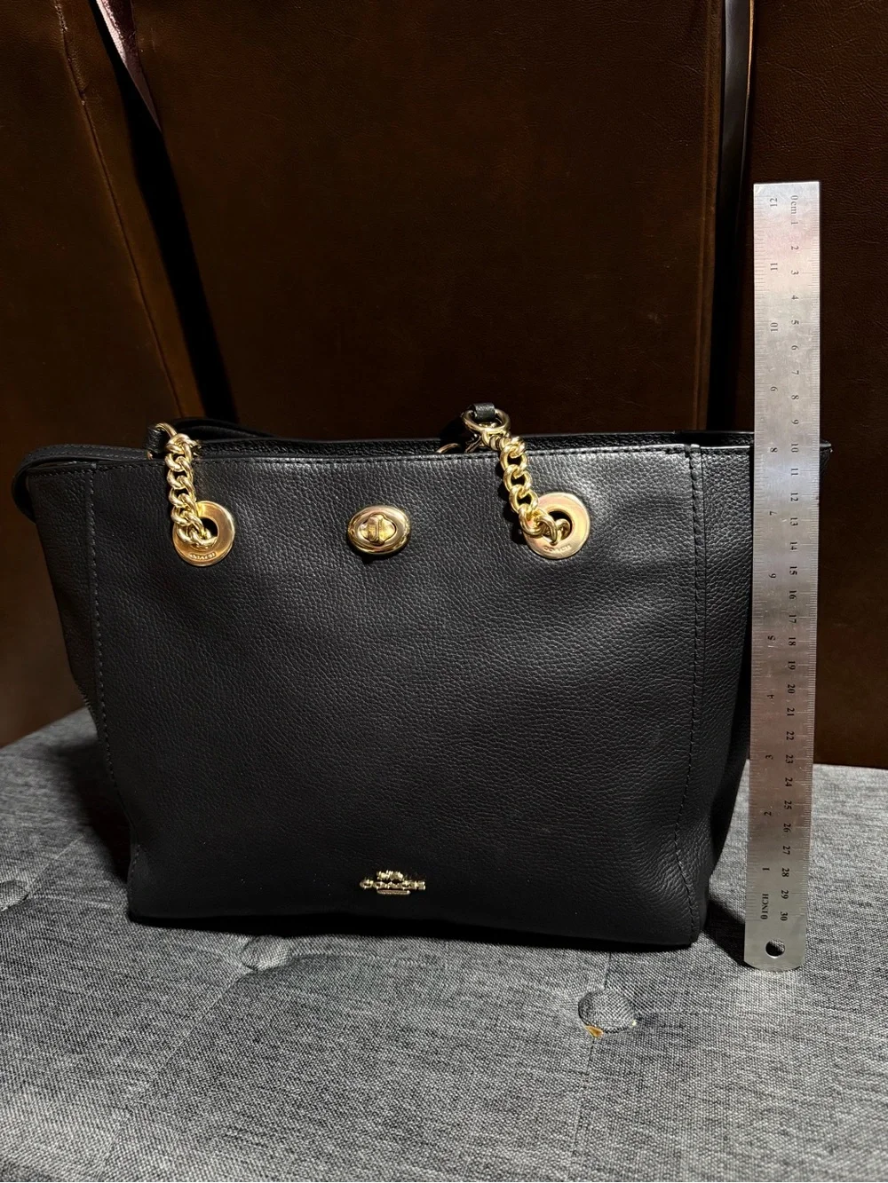 Coach Black Leather Tote with Gold Chain Details